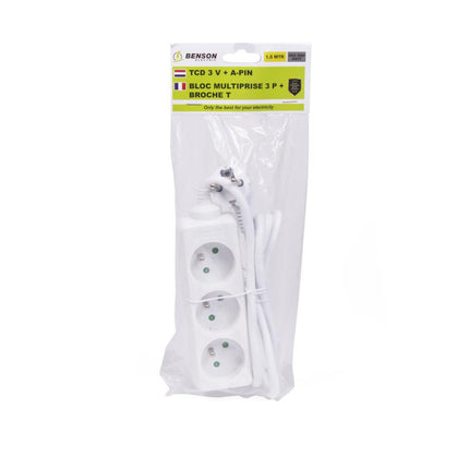 Benson Stekkerdoos Type E – 3-voudig – 1,5 meter – Wit