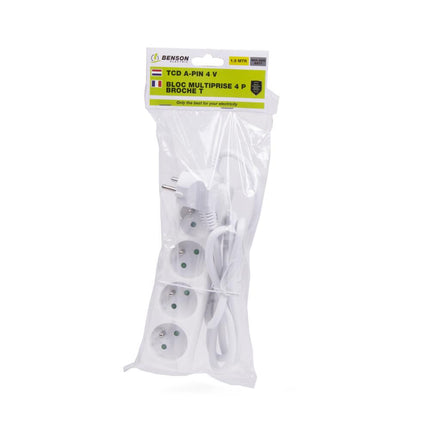 Benson Stekkerdoos Type E – 4-voudig – 1,5 meter – Wit