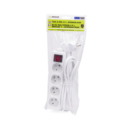 Benson Stekkerdoos Type E – 4-voudig – 3 meter – Met Schakelaar – Wit
