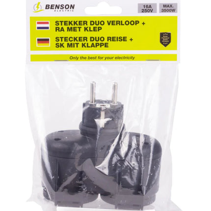 Benson Stekker Duo Verloop – Buitenstopcontact – Spatwaterdicht IP44 – Zwart