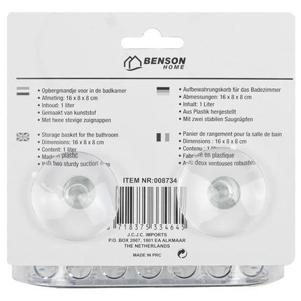 Benson Douchebakje met Zuignap - Maat M - Transparant - 15,5 x 8 x 8 cm