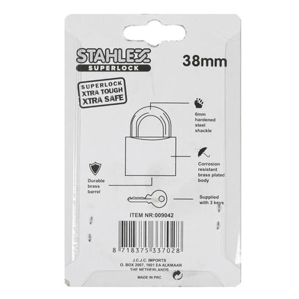 Stahlex Hangslot 38 mm – Geharde Beugel – Goudkleurig – Incl. 3 Sleutels
