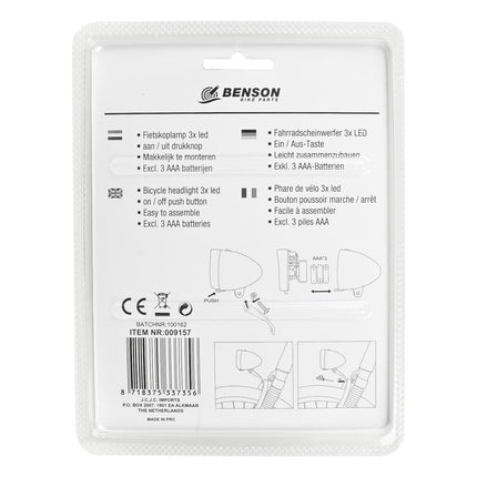 Benson LED Fietskoplamp - 3 LED's - Zwart - 4 Lux - Incl. Batterijen