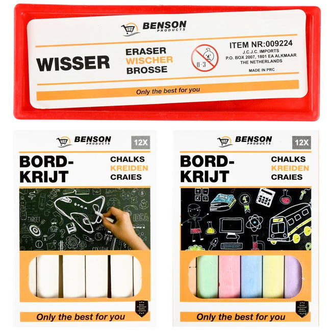 Benson Bordkrijtset - Kleurenmix & Wit - Inclusief Bordwisser