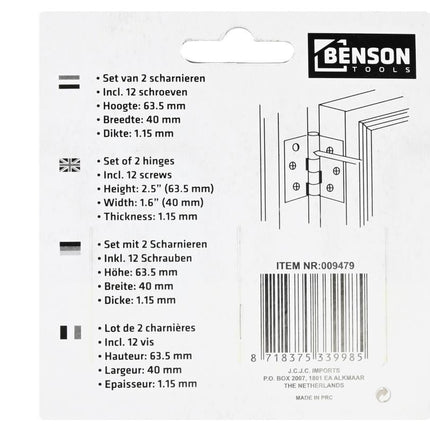 Benson Scharnierset – 64 x 35 mm – Vast Scharnierblad – Inclusief Schroeven
