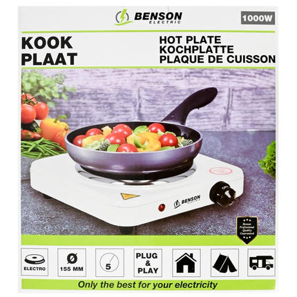 Benson Enkele Elektrische Kookplaat - 1000W - 5 Standen - Wit - Ø 15 cm