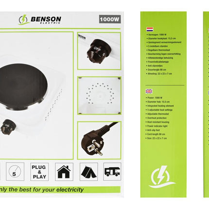 Benson Enkele Elektrische Kookplaat - 1000W - 5 Standen - Wit - Ø 15 cm