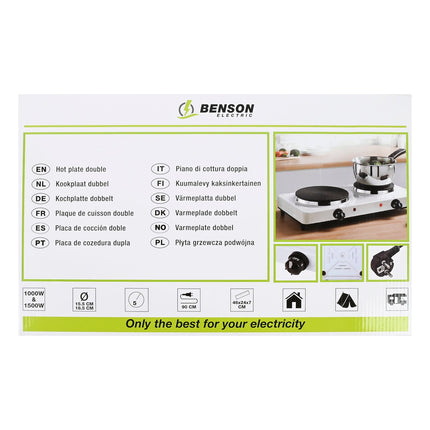 Benson Dubbele Elektrische Kookplaat - 2500W - 5 Standen per Zone - Wit