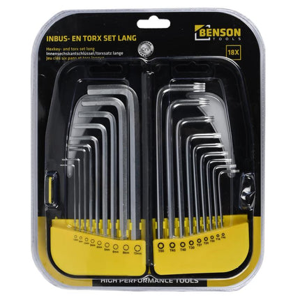 Benson Inbus- en Torx Sleutelset - 18-delig - Lange uitvoering - In Koffer