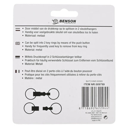Benson Opsplitsbare Sleutelhangers - 2 Stuks - Metaal met Drukknop