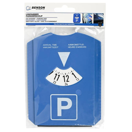 Benson Blauwe Parkeerschijf met IJskrabber – 15,5 x 12 cm – 2-in-1 Auto-accessoire