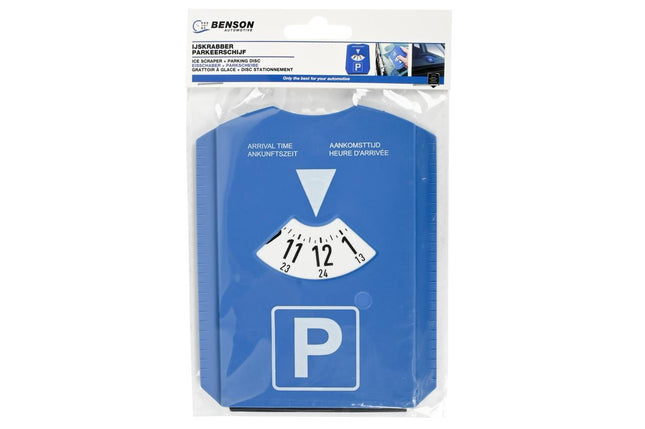 Benson Blauwe Parkeerschijf met IJskrabber – 15,5 x 12 cm – 2-in-1 Auto-accessoire