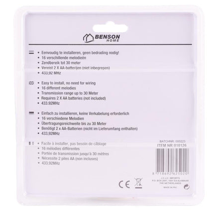 Benson Draadloze Deurbel Compact - 16 Melodieën - 30 Meter Bereik - Wit