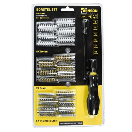 Benson Borstelset 20-delig – Nylon, Messing & RVS – Inclusief Verlengstuk