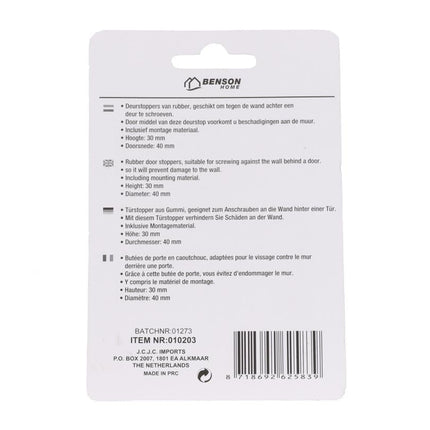 Benson Deurstopper Wandmontage – Wit Rubber – Ø 40 mm – 2 stuks – Inclusief Bevestiging