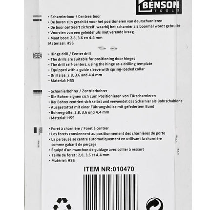 Benson Scharnierboorset - 3-delig - Zelfcentrerend - HSS Kwaliteit