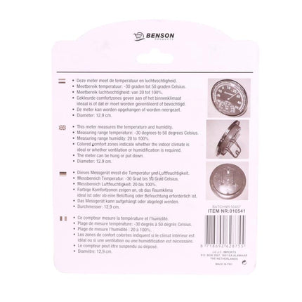 Benson Analoge Thermo- & Hygrometer - Comfortzones - Wit - 12.9 cm