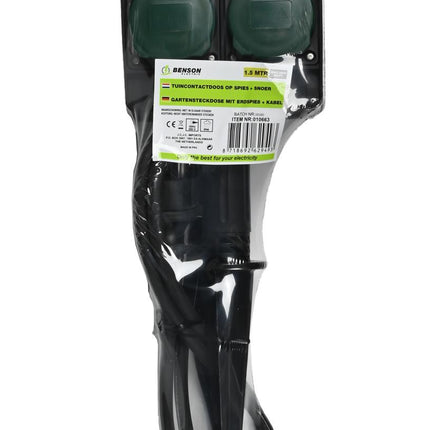 Benson Dubbele Tuincontactdoos op Spies – 2-voudig – 1,5 meter – IP44