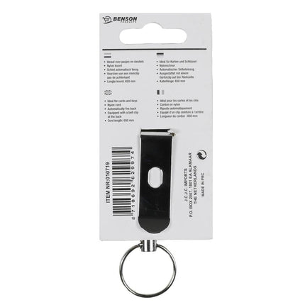 Benson Roller Clip met Trekkoord - 70 cm - Zwart - Pas- & Sleutelhouder