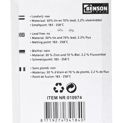 Benson Soldeertin op Rol - 1 mm - 60 Gram (8 meter) - Met Harskern