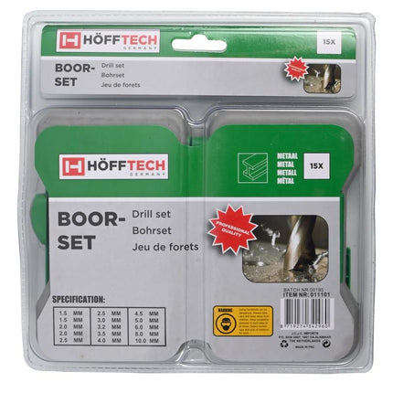 Hofftech HSS Metaalboorset - 15-delig - 1.5 t/m 10 mm - Inclusief Hardcase