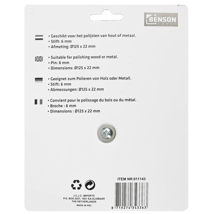 Benson Polijstschijf Sisal/Katoen – Ø 125 x 22 mm – Met 6 mm Stift