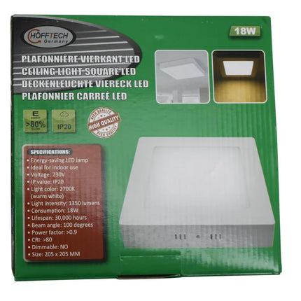 Hofftech Vierkante LED Plafondlamp – 18W – 1350 Lumen – Warm Wit Licht – 22 x 22 cm