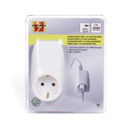 Benson Tussenstekker met Dubbele USB-lader - Extra Stopcontact - Wit - 10 cm