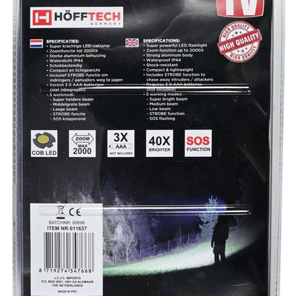 Hofftech Tactical Superbeam Zaklamp – 5W COB LED – Zoomfunctie – Aluminium – IP44