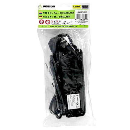 Benson Stekkerdoos met Schakelaar – 3-voudig – 1,5 meter – Randaarde – Zwart