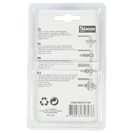 Benson Hollewand Ankers M5 x 37 mm – 15 stuks – Staal Elektroverzinkt