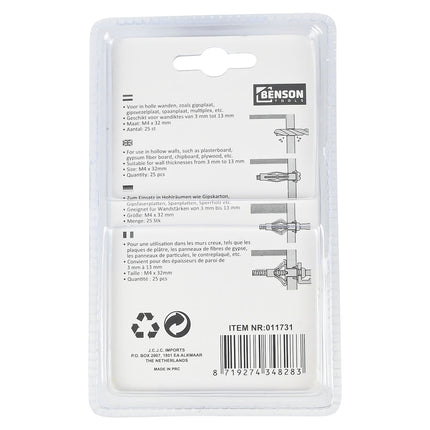 Benson Hollewand Ankers M4 x 32 mm – 25 stuks – Staal Elektroverzinkt