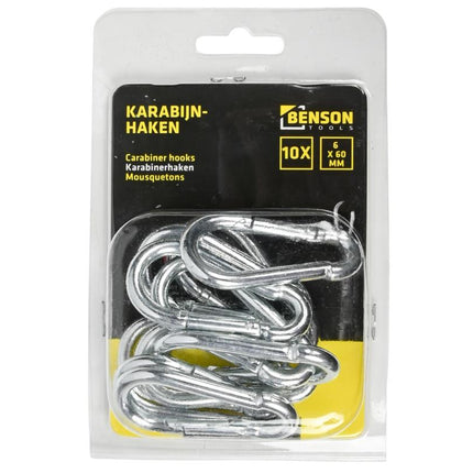 Benson Karabijnhaken – Ø 6 x 60 mm – 10 stuks – Verzinkt Staal