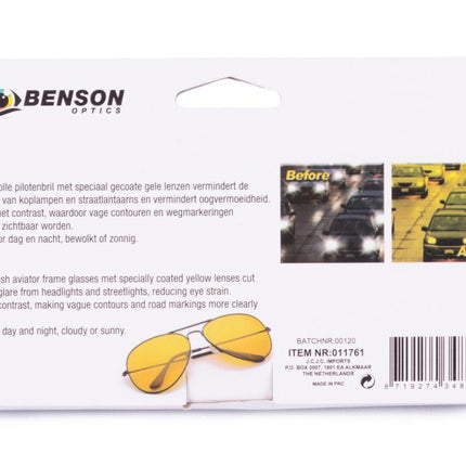 Benson Nachtzicht Bril Piloot - Nachtbril - Gele Lens