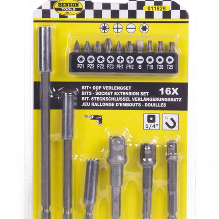 Benson Bit- en Dopverlengset - 16-delig - Magnetisch - Chroom Vanadiumstaal
