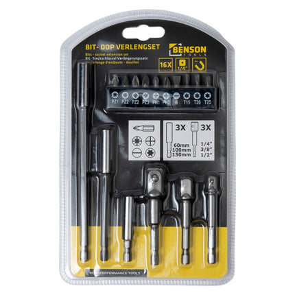 Benson Bit- en Dopverlengset - 16-delig - Magnetisch - Chroom Vanadiumstaal