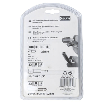 Benson Bit- en Dopverlengset - 16-delig - Magnetisch - Chroom Vanadiumstaal