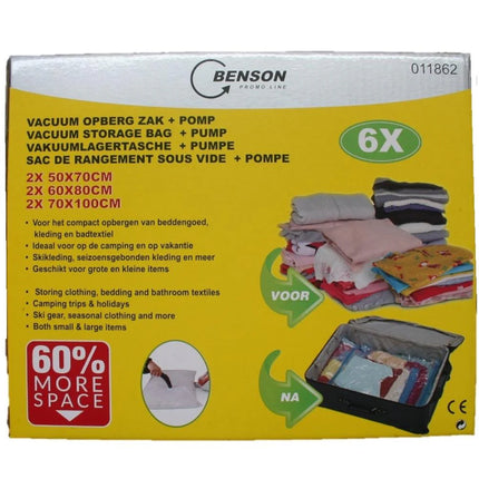 Benson Vacuüm Opbergzakken Set - 6 Stuks - Inclusief Pomp - 3 Maten