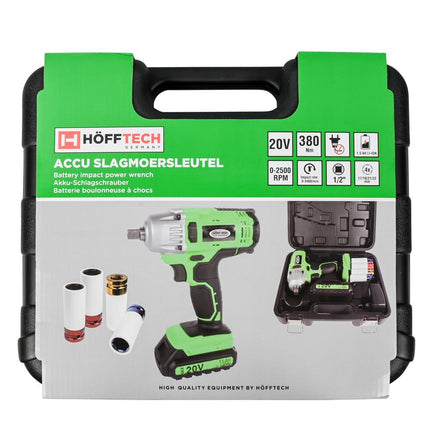 Hofftech Accu Slagmoersleutel - 20V - 380 Nm - Inclusief 4 Krachtdoppen & Koffer