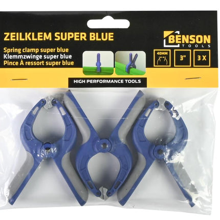 Benson Zeilklemmen - 75 mm - Krachtige Veer - 3 stuks - Blauw/Zwart