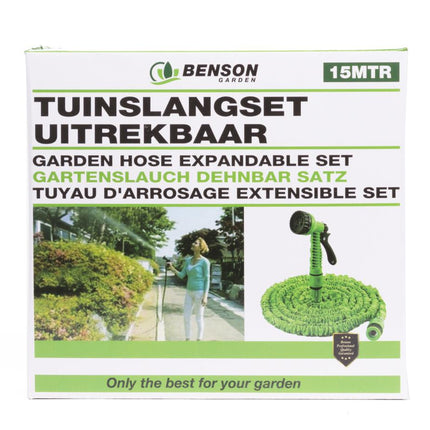 Benson Flexibele Tuinslang - 15 Meter - Uittrekbaar & Knikvrij - Inclusief 7-Standen Sproeikop