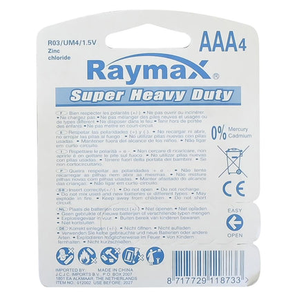 Raymax AAA Batterijen - R03 - 1.5V - 4 stuks - Zink-Carbon