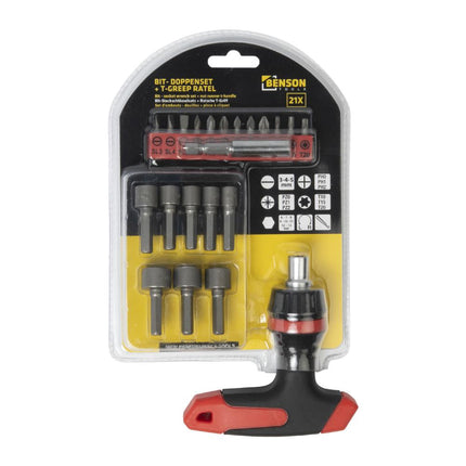Benson Bit- en Doppenset - 21-delig - Inclusief Ratel T-greep - Cr-V