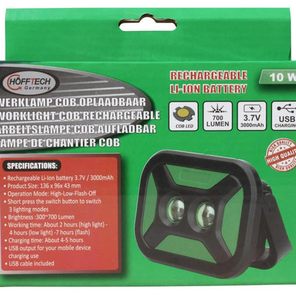Hofftech LED Werklamp 10W - Oplaadbaar + Powerbank 3000 mAh - IPX5