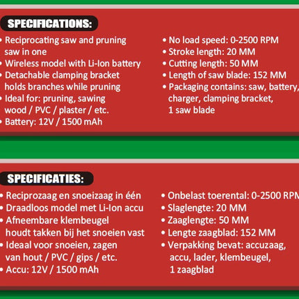 Hofftech Draadloze Recipro- & Snoeizaag - 12V Li-ion - Met Klembeugel