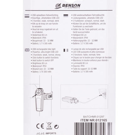 Benson COB LED Achterlicht - 80 Lumen - USB Oplaadbaar - Rood - Waterdicht