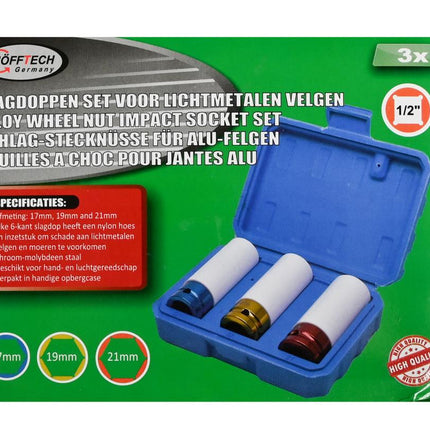 Hofftech Slagdoppenset voor Lichtmetalen Velgen – 3-delig – Cr-Mo Staal – 1/2"