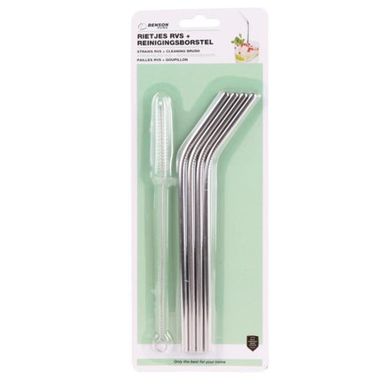 Benson Herbruikbare RVS Rietjes - 21.5 cm - 4 Stuks - Inclusief Afwasborstel