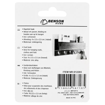 Benson Metalen Kapstokhaken - Dubbele Haak - 2-delig - Inclusief Schroeven