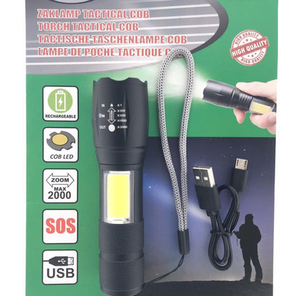 Hofftech Tactical 2-in-1 LED & COB Zaklamp – 5W + 3W – Oplaadbaar – 1200 mAh – 5 Modi
